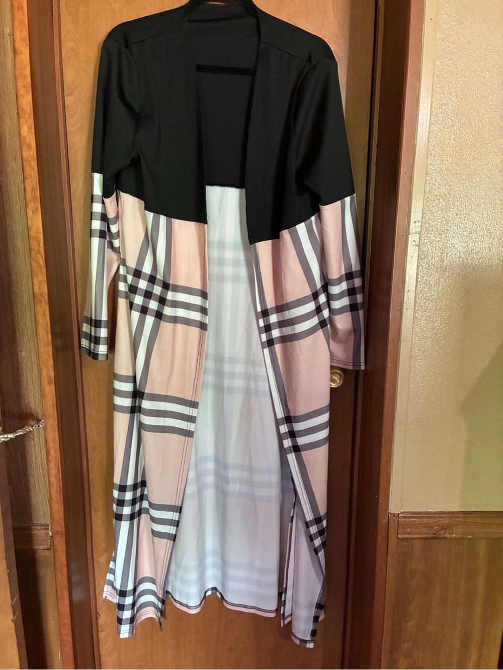 Long Open Front Cardigan in Black and Blush Plaid Medium